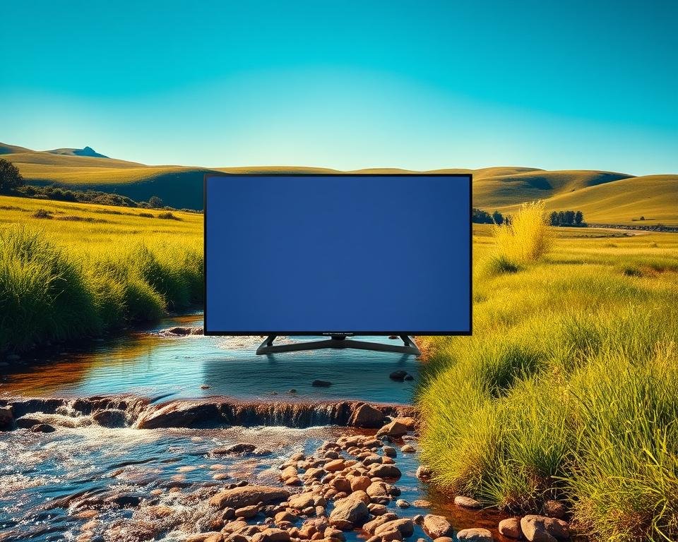 A serene stream flows through a lush, verdant landscape, its crystal-clear waters sparkling under the warm, golden sunlight. The middle ground features a modern, minimalist smart TV displaying vibrant, high-resolution video content, its sleek design seamlessly blending with the natural surroundings. In the background, rolling hills and a clear blue sky create a tranquil, calming atmosphere. The overall scene conveys a sense of harmony between technology and nature, reflecting the quality and resolution of IPTV services available in the Netherlands.