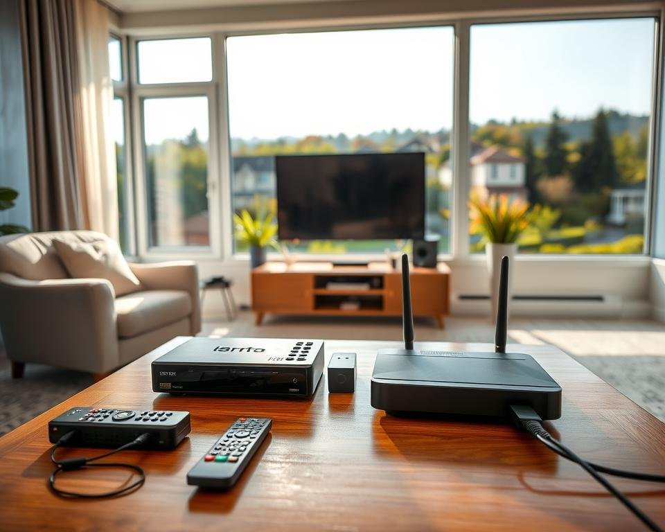 A serene, sunlit living room with a cozy armchair and a large, flat-screen television mounted on the wall. In the foreground, an array of streaming devices, remote controls, and a sleek router sit atop a polished wooden coffee table, hinting at the convenience and reliability of IPTV technology. The middle ground features a well-organized home entertainment setup, with cables neatly tucked away and a sense of modern, minimalist style. The background showcases a panoramic view of a vibrant, tree-lined neighborhood, conveying the idea of IPTV's widespread accessibility and the comfort of enjoying content from the familiarity of one's own home.