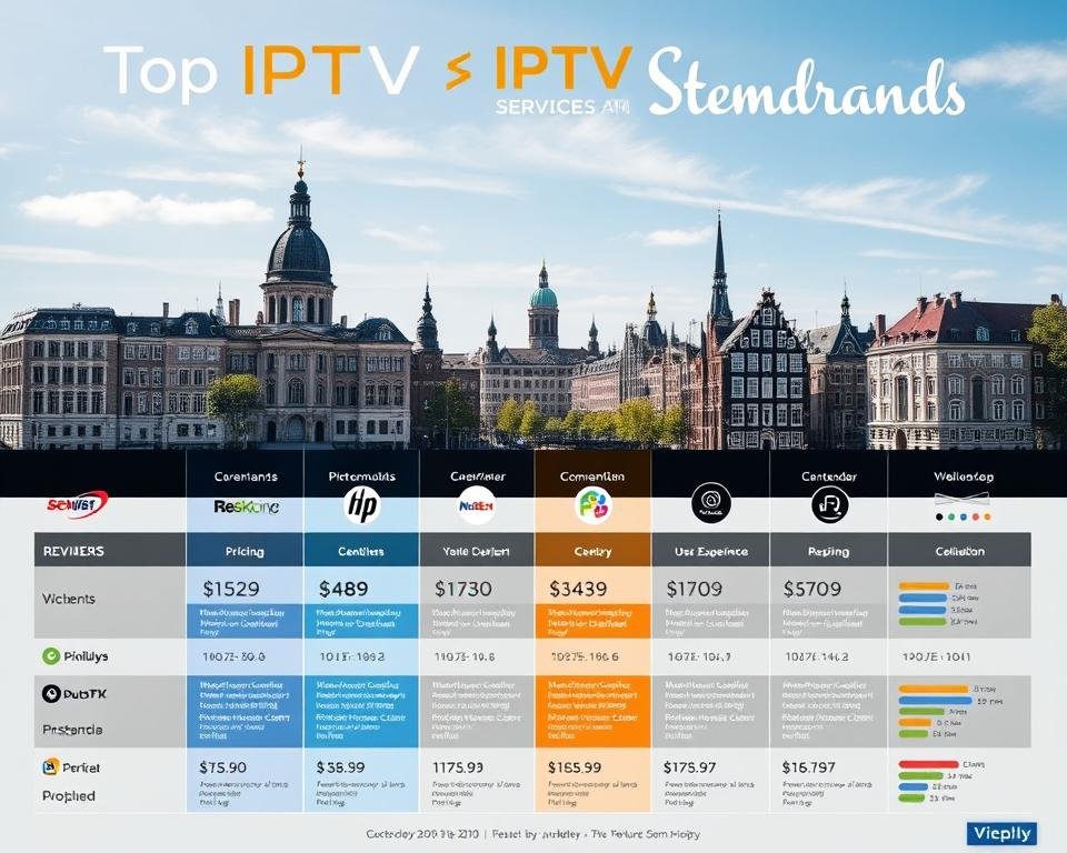 A side-by-side comparison of the top IPTV service providers in the Netherlands, presented in a sleek and informative infographic. The foreground features a grid of service logos and names, each with concise details on their pricing, channel selection, and customer ratings. The middle ground showcases intuitive icons and graphs visualizing key metrics like reliability, user experience, and value for money. The background depicts a striking cityscape of Amsterdam, with iconic landmarks like the Rijksmuseum and the Amsterdam Centraal station, conveying a sense of the Netherlands' vibrant tech and media landscape. The lighting is crisp and natural, with a sophisticated color palette of blues, grays, and accents of orange. The overall tone is authoritative yet visually engaging, providing the reader with a comprehensive overview of the top IPTV options available in the country.