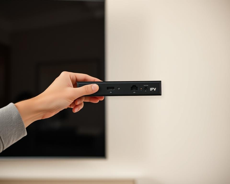 A simple and intuitive IPTV setup process. A human hand gently connects an IPTV set-top box to a modern, sleek television set against a neutral, minimalist background. Soft, warm lighting highlights the seamless integration, conveying a sense of ease and accessibility. The composition emphasizes the straightforward nature of the installation, inviting the viewer to imagine themselves effortlessly bringing IPTV into their home. The overall mood is one of simplicity, refinement, and approachability, reflecting the section's focus on guiding readers through the initial IPTV setup. A simple and intuitive IPTV setup process. A human hand gently connects an IPTV set-top box to a modern, sleek television set against a neutral, minimalist background. Soft, warm lighting highlights the seamless integration, conveying a sense of ease and accessibility. The composition emphasizes the straightforward nature of the installation, inviting the viewer to imagine themselves effortlessly bringing IPTV into their home. The overall mood is one of simplicity, refinement, and approachability, reflecting the section's focus on guiding readers through the initial IPTV setup.