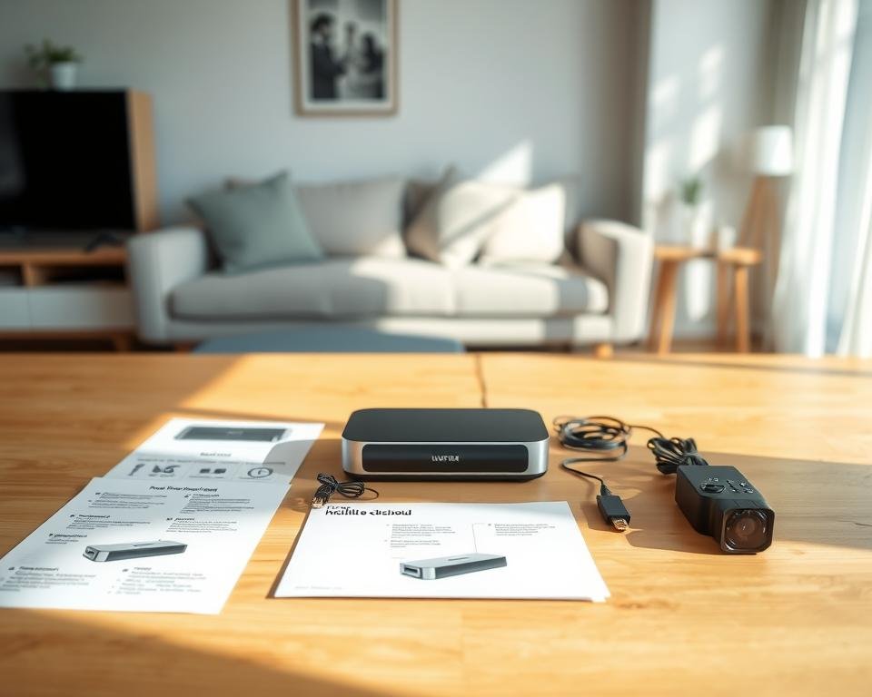 A simple, step-by-step installation manual for a home electronics device. The foreground shows a neatly organized arrangement of the device components, cables, and instructions laid out on a clean, well-lit wooden surface. The middle ground features a sleek, modern device design in muted tones. The background is a softly blurred interior scene, suggesting a comfortable, domestic setting. The lighting is natural and diffused, creating soft shadows and highlights that emphasize the simplicity and clarity of the setup. The overall atmosphere conveys a sense of ease and approachability, inviting the viewer to follow the instructions and successfully complete the installation. A simple, step-by-step installation manual for a home electronics device. The foreground shows a neatly organized arrangement of the device components, cables, and instructions laid out on a clean, well-lit wooden surface. The middle ground features a sleek, modern device design in muted tones. The background is a softly blurred interior scene, suggesting a comfortable, domestic setting. The lighting is natural and diffused, creating soft shadows and highlights that emphasize the simplicity and clarity of the setup. The overall atmosphere conveys a sense of ease and approachability, inviting the viewer to follow the instructions and successfully complete the installation.