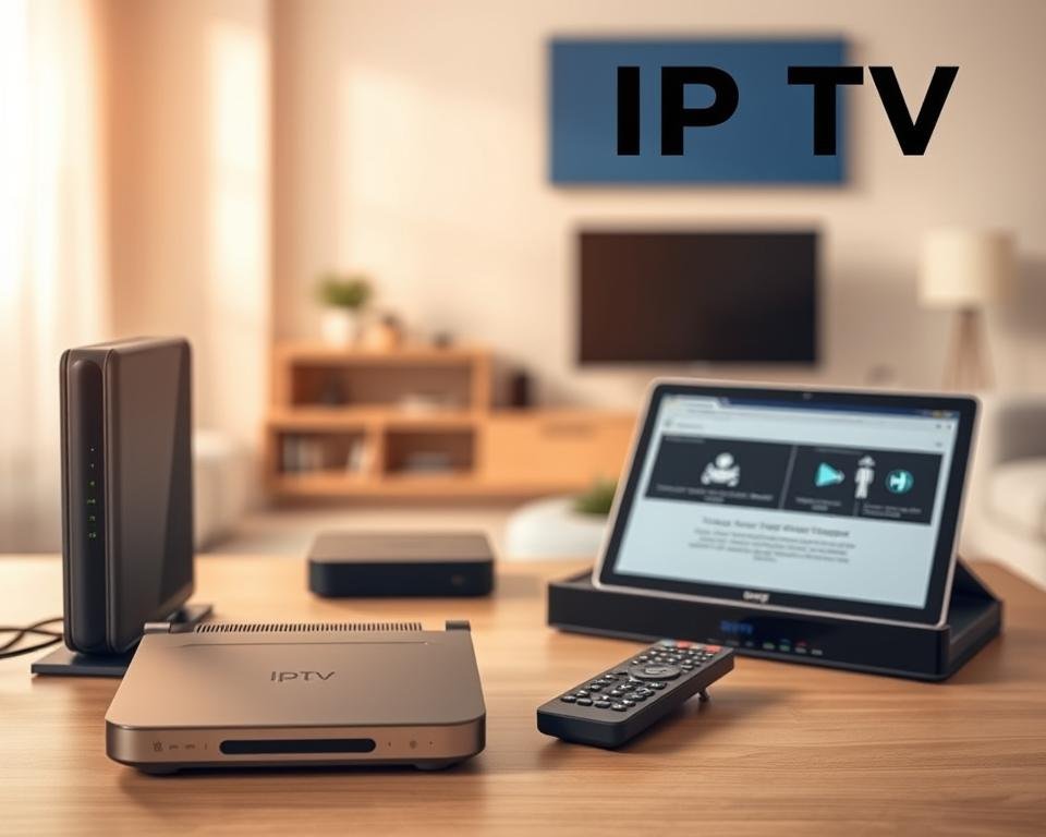 A simple, step-by-step installation manual presented in a clean, minimalist style. The foreground features a well-organized array of IPTV equipment - a modem, router, streaming device, and remote control, all rendered with precise technical detail. The middle ground showcases a serene, uncluttered workspace with a laptop or tablet displaying the installation instructions. The background is a softly blurred interior, highlighting the simplicity and ease of the setup process. Warm, natural lighting casts a welcoming glow, conveying a sense of approachability and accessibility. The overall composition emphasizes the straightforward, user-friendly nature of the IPTV installation, inviting the viewer to confidently follow along.