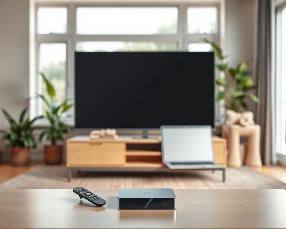 A simple, user-friendly IPTV setup depicted in a warm, welcoming home environment. In the foreground, an elegant yet minimalist TV stand holds a smart TV, with a sleek remote control resting nearby. Behind it, a cozy living room features a plush sofa, soft lighting, and lush indoor plants, creating a relaxing, inviting atmosphere. The middle ground showcases a laptop or streaming device seamlessly integrated into the setup, symbolizing the easy connectivity required for the IPTV service. In the background, a large window allows natural light to flood the space, highlighting the simplicity and convenience of the entire installation. A simple, user-friendly IPTV setup depicted in a warm, welcoming home environment. In the foreground, an elegant yet minimalist TV stand holds a smart TV, with a sleek remote control resting nearby. Behind it, a cozy living room features a plush sofa, soft lighting, and lush indoor plants, creating a relaxing, inviting atmosphere. The middle ground showcases a laptop or streaming device seamlessly integrated into the setup, symbolizing the easy connectivity required for the IPTV service. In the background, a large window allows natural light to flood the space, highlighting the simplicity and convenience of the entire installation.