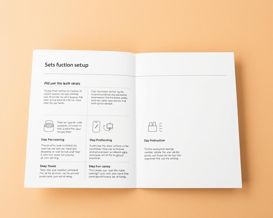 A simple yet informative instruction manual with clean, minimalist design. The foreground features a set of easy-to-follow steps presented in a grid layout, with clear iconography and concise descriptions. The middle ground showcases the product or device being set up, captured from a high, bird's-eye angle to provide context. The background is a warm, neutral color palette, creating a sense of calm and focus. Soft, diffused lighting illuminates the scene, highlighting the simplicity and clarity of the instructions. The overall mood is one of efficiency and approachability, making the setup process feel straightforward and user-friendly.