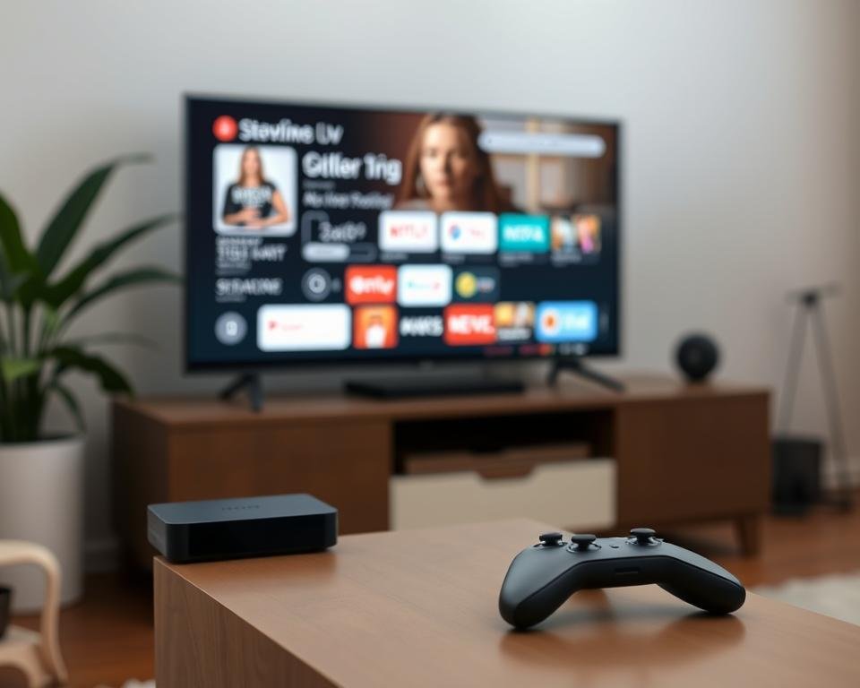 A simplistic home entertainment setup with a smart TV, streaming device, and wireless controller. Soft, diffused lighting illuminates the cozy living room scene. The TV screen displays a user interface with easy-to-navigate streaming options. The streaming device, compact and discreet, sits atop a modern media console. A minimalist wireless controller rests nearby, its clean lines and intuitive layout suggesting a straightforward setup process. The overall atmosphere is one of domestic comfort and technological convenience, inviting the viewer to envision the effortless pleasure of on-demand digital entertainment.