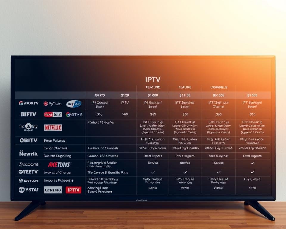 A sleek and informative comparison of IPTV subscription plans, showcased in a clean and modern layout. The foreground features various IPTV service icons and logos, neatly arranged to highlight the key features and pricing of each option. The middle ground presents a tabular comparison of the plans, with clear and concise details on channels, device support, and streaming quality. The background is a subtle gradient or texture, providing a professional and polished aesthetic. Warm, natural lighting casts a soft glow, creating a sense of clarity and trust. The overall composition strikes a balance between informative and visually appealing, perfectly suited to illustrate the "Soorten IPTV Abonnementen Vergeleken" section of the article.