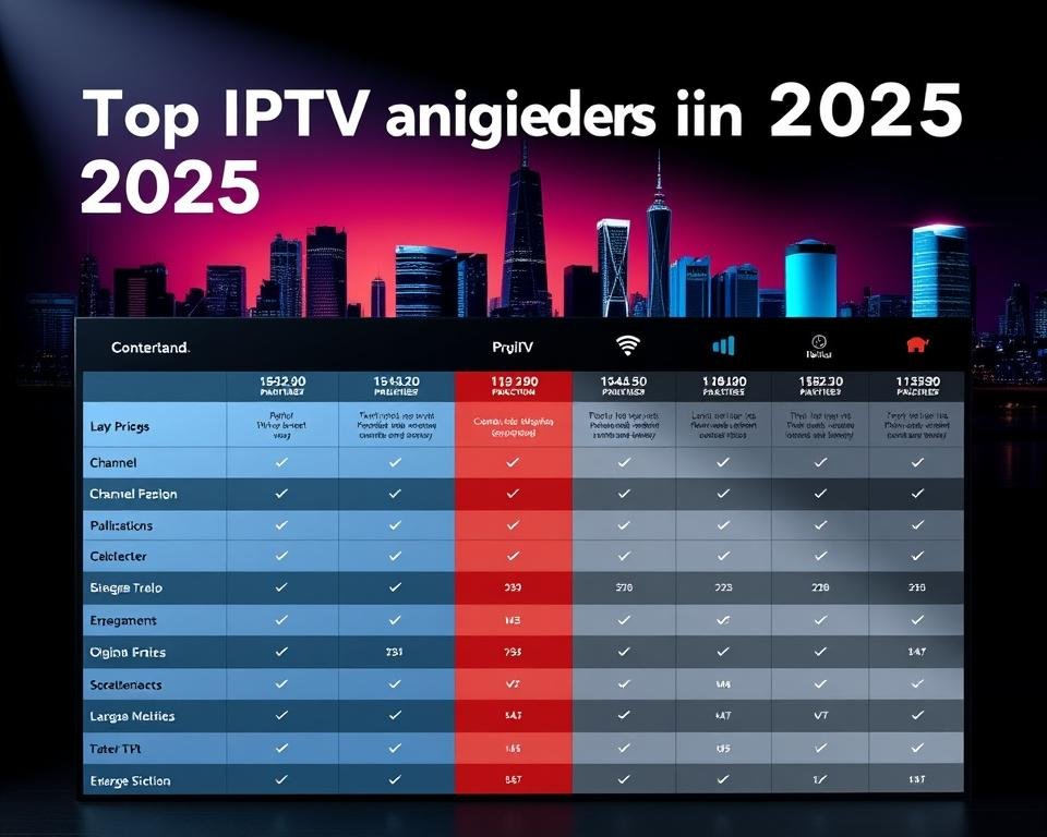 A sleek and modern comparison table of the top IPTV providers in the Netherlands for 2025. The foreground features a clean grid layout showcasing key details like pricing, channel selection, and user ratings. The middle ground has subtle icons and infographics highlighting the unique features of each service. The background depicts a stylized city skyline with a vibrant, futuristic palette, conveying the dynamic nature of the IPTV market. Dramatic studio lighting casts dramatic shadows, creating depth and emphasizing the professionalism of the comparison. The overall mood is authoritative, informative, and visually striking, perfectly suited to illustrate the "Top IPTV aanbieders in Nederland 2025" section.