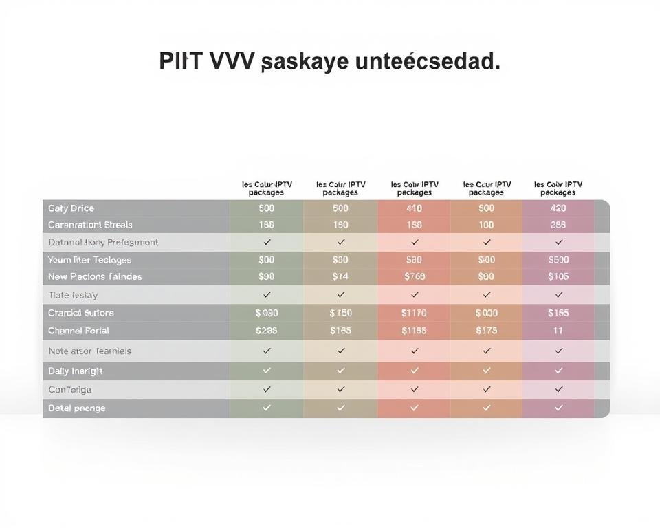 A sleek and modern comparison table showcasing various IPTV packages and pricing in the Netherlands. The table is set against a clean, white background, with a subtle gradient adding depth and visual interest. The package details are displayed in a clear, organized layout, highlighting key information such as channel counts, streaming quality, and monthly costs. The overall design has a professional and informative aesthetic, catering to the needs of the target audience seeking to compare IPTV offerings in the Netherlands.