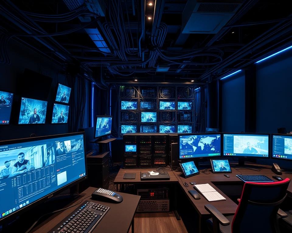 A sleek and modern control room with various screens and interfaces, showcasing the intricate technology behind IPTV streaming. The foreground features a high-tech workstation with multiple monitors displaying real-time data, analytics, and video feeds. In the middle ground, a network of cables, routers, and servers hum with activity, illustrating the complex infrastructure powering the IPTV system. The background is dimly lit, with a sense of technological grandeur, accentuated by subtle blue and green lighting. The overall atmosphere conveys the idea of a sophisticated, efficient, and cutting-edge IPTV technology powering the Netherlands' 4K streaming experience. A sleek and modern control room with various screens and interfaces, showcasing the intricate technology behind IPTV streaming. The foreground features a high-tech workstation with multiple monitors displaying real-time data, analytics, and video feeds. In the middle ground, a network of cables, routers, and servers hum with activity, illustrating the complex infrastructure powering the IPTV system. The background is dimly lit, with a sense of technological grandeur, accentuated by subtle blue and green lighting. The overall atmosphere conveys the idea of a sophisticated, efficient, and cutting-edge IPTV technology powering the Netherlands' 4K streaming experience.