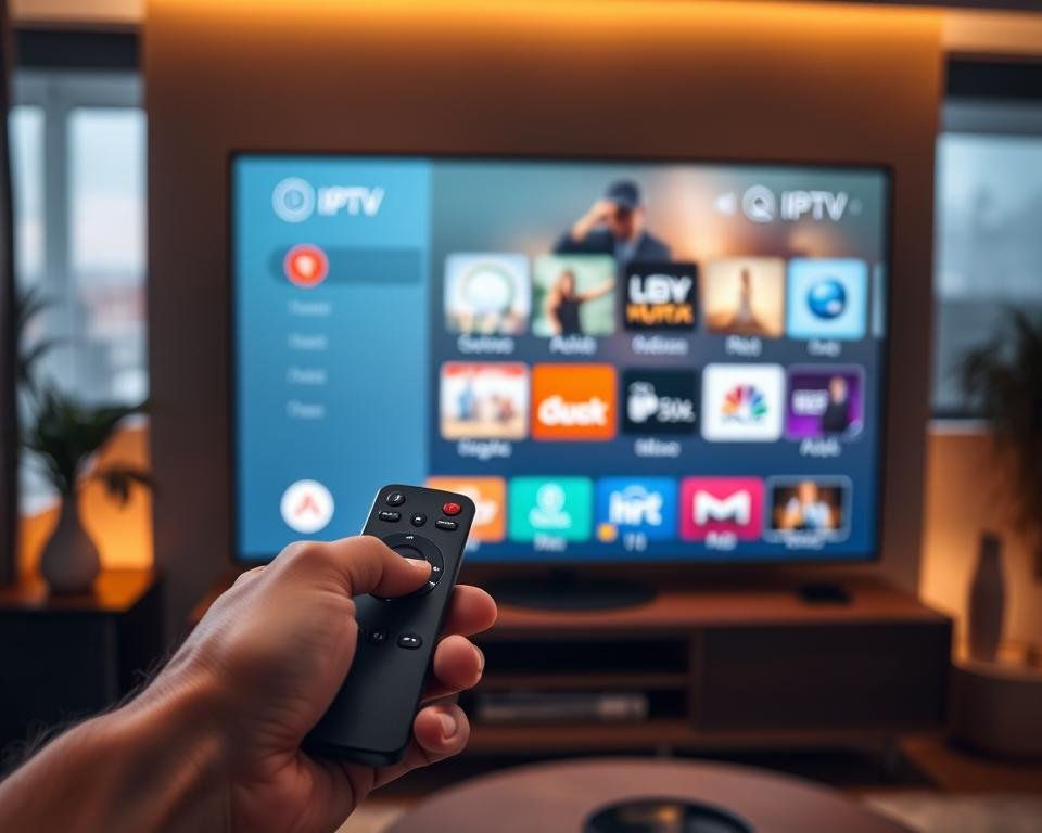 A sleek and modern home entertainment setup with an IPTV interface displayed on a large flatscreen television. The interface has a clean, intuitive design with easy-to-navigate menus and options. In the foreground, a hand holds a minimalist remote control, conveying the simplicity of the IPTV installation process. The room is bathed in warm, ambient lighting, creating a cozy and inviting atmosphere. The background features a stylish, contemporary interior design, further emphasizing the user-friendly and premium nature of the IPTV experience.
