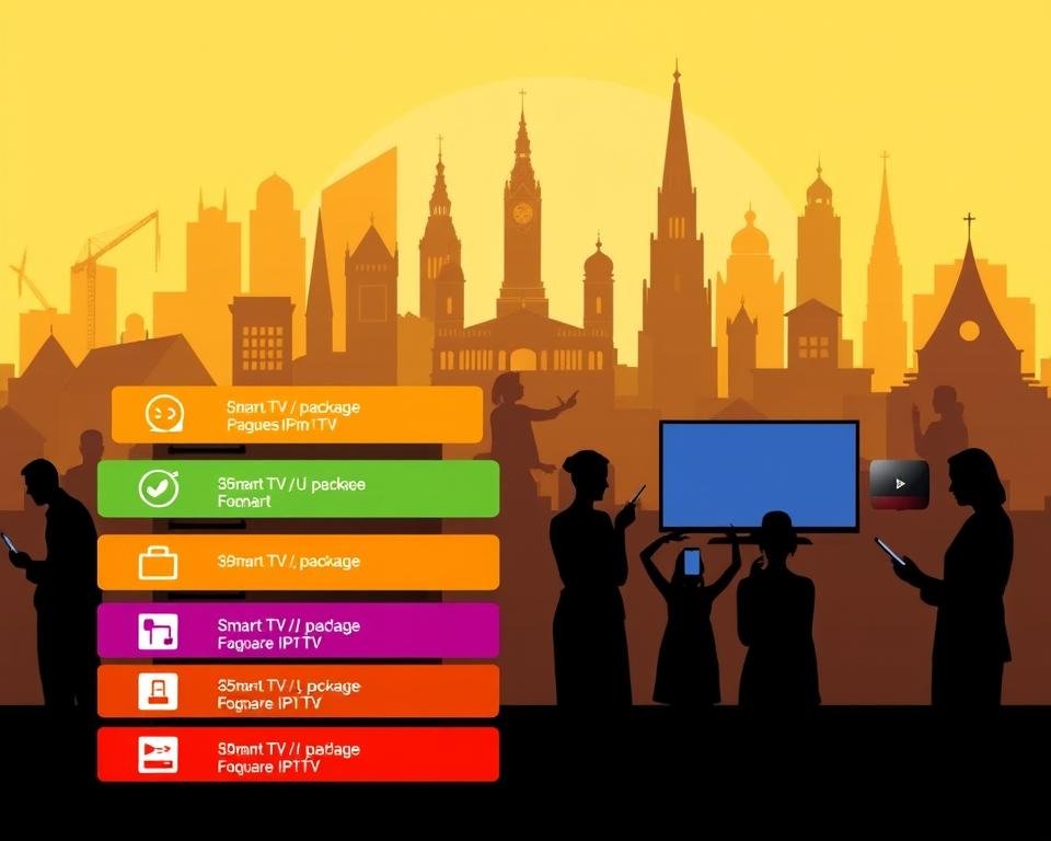 A sleek and modern illustration of subscription options for IPTV in the Netherlands. In the foreground, a stack of colorful rectangles representing various IPTV package tiers, each with a distinct icon or graphic. The middle ground features silhouettes of satisfied customers using smart TVs, phones, and tablets to access the IPTV service. In the background, a stylized cityscape with iconic Dutch architecture and landmarks, bathed in a warm, golden light that suggests a sense of reliability and trustworthiness. The overall composition conveys the convenience, flexibility, and dependability of the IPTV offerings, catering to the diverse needs of the Dutch market.