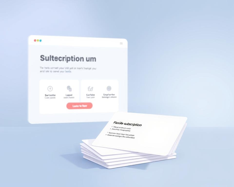 A sleek and modern illustration showcasing flexible subscription options. In the foreground, a stack of elegant, minimalist subscription cards in various pastel colors, each highlighting a different plan or service tier. The middle ground features a minimalist user interface, with clean typography and intuitive icons that guide the viewer through the subscription process. The background has a soft, blurred gradient in shades of blue and gray, evoking a sense of professionalism and trustworthiness. The overall composition is balanced, with a focus on simplicity and ease of use, conveying the message of flexible and accessible subscription options.