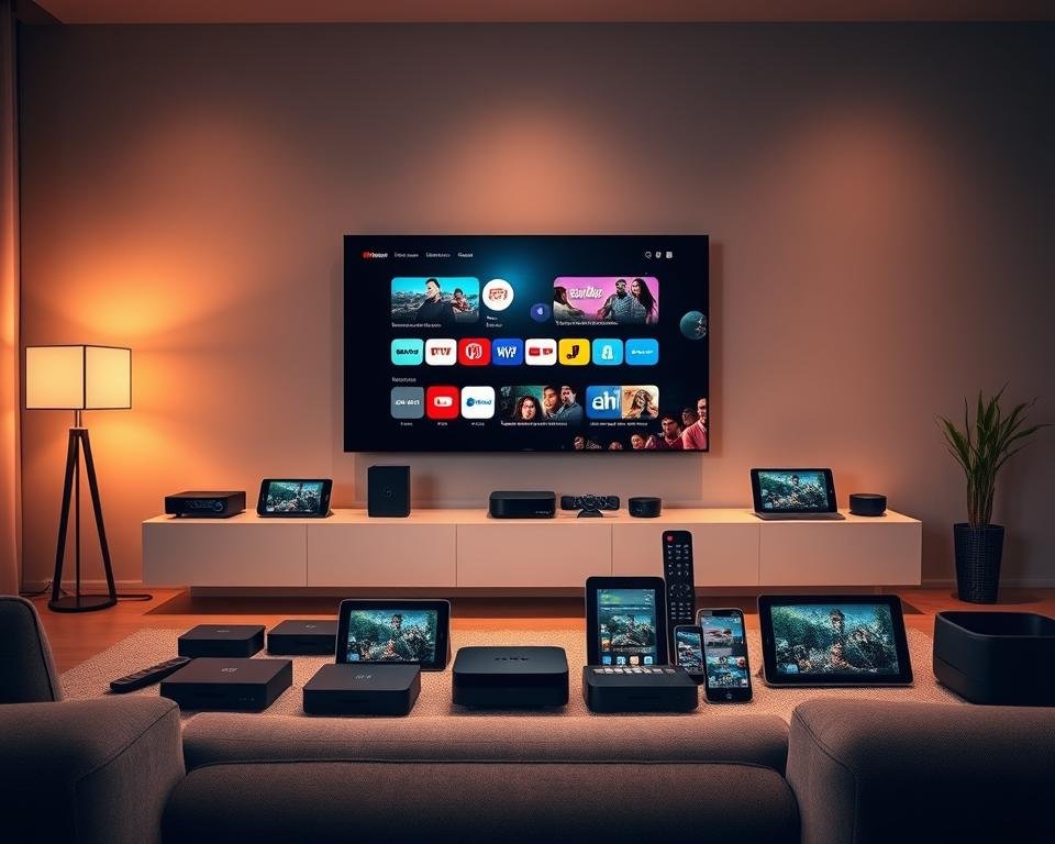 A sleek and modern living room, dimly lit with warm, ambient lighting. In the center, an array of various IPTV-compatible devices is showcased, including smart TVs, streaming boxes, tablets, and mobile phones, each expertly displayed against a clean, minimalist backdrop. The devices are arranged in a visually appealing manner, highlighting their diverse capabilities and connectivity options. The scene conveys a sense of technological sophistication and the seamless integration of IPTV into the modern home entertainment setup. The overall composition emphasizes the versatility and accessibility of IPTV, catering to a wide range of user preferences and device preferences.