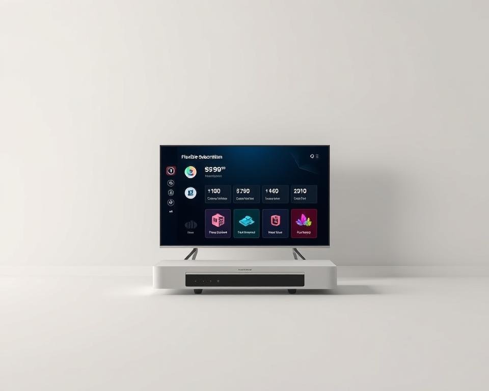 A sleek and modern minimalist composition showcasing flexible subscription options. In the foreground, a clean-lined device or digital interface displays a variety of customizable subscription plans, represented by colorful and dynamic shapes. The middle ground features a sophisticated, high-tech environment with subtle hints of technology, such as circuit board patterns or digital displays. The background is a soft, neutral gradient that allows the core elements to take center stage, conveying a sense of flexibility, choice, and a premium digital experience. Subtle, balanced lighting from multiple angles highlights the key features, while a shallow depth of field maintains focus on the central interface. Overall, the image evokes a professional, user-friendly, and adaptable IPTV service without contract obligations. A sleek and modern minimalist composition showcasing flexible subscription options. In the foreground, a clean-lined device or digital interface displays a variety of customizable subscription plans, represented by colorful and dynamic shapes. The middle ground features a sophisticated, high-tech environment with subtle hints of technology, such as circuit board patterns or digital displays. The background is a soft, neutral gradient that allows the core elements to take center stage, conveying a sense of flexibility, choice, and a premium digital experience. Subtle, balanced lighting from multiple angles highlights the key features, while a shallow depth of field maintains focus on the central interface. Overall, the image evokes a professional, user-friendly, and adaptable IPTV service without contract obligations.