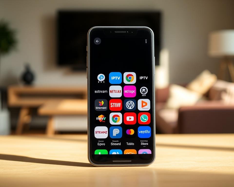 A sleek and modern smartphone display showcasing a grid of popular IPTV app icons. The foreground features vibrant, high-resolution app logos for leading IPTV services used by Dutch audiences, such as Maxxstream, Streamz, and NL Ziet. The middle ground presents the smartphone in a clean, minimalist design, while the background subtly suggests a living room or home entertainment setup, hinting at the practical applications of these IPTV apps. The lighting is warm and natural, creating a inviting, user-friendly atmosphere. The composition emphasizes the accessibility and popularity of these IPTV solutions for Dutch consumers.