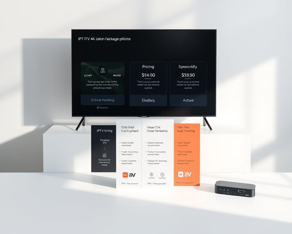 A sleek and sophisticated overview of IPTV subscription options, showcasing various 4K streaming packages against a minimalist, high-tech backdrop. The scene features a clean, white tabletop with neatly arranged pricing tiers, plan details, and service icons elegantly displayed. Soft, directional lighting accentuates the crisp, modern aesthetic, while a subtle gradient fills the background, creating depth and a sense of quality. The overall composition is balanced and visually appealing, inviting the viewer to explore the available 4K IPTV offerings. A sleek and sophisticated overview of IPTV subscription options, showcasing various 4K streaming packages against a minimalist, high-tech backdrop. The scene features a clean, white tabletop with neatly arranged pricing tiers, plan details, and service icons elegantly displayed. Soft, directional lighting accentuates the crisp, modern aesthetic, while a subtle gradient fills the background, creating depth and a sense of quality. The overall composition is balanced and visually appealing, inviting the viewer to explore the available 4K IPTV offerings.