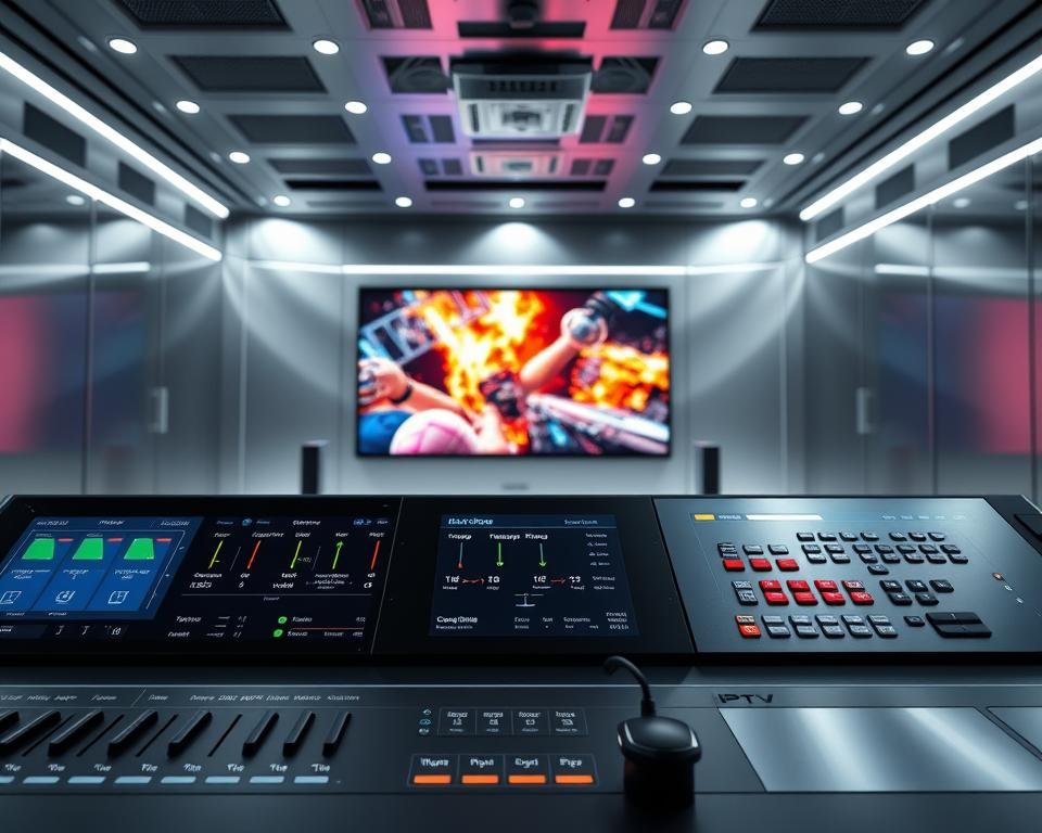 A sleek, high-tech control panel showcasing the technical specifications of a state-of-the-art IPTV system. The foreground features an array of interactive display panels, sliders, and touch-sensitive controls, presenting data on video bitrates, resolution, frame rates, and audio codecs. In the middle ground, a large projection screen displays a vibrant, Full HD video feed, highlighting the exceptional image quality. The background is a minimalist, metallic environment with clean lines and subtle lighting, conveying a sense of precision and professionalism. Overall, the scene evokes a modern, cutting-edge aesthetic that reflects the advanced capabilities of the IPTV technology. A sleek, high-tech control panel showcasing the technical specifications of a state-of-the-art IPTV system. The foreground features an array of interactive display panels, sliders, and touch-sensitive controls, presenting data on video bitrates, resolution, frame rates, and audio codecs. In the middle ground, a large projection screen displays a vibrant, Full HD video feed, highlighting the exceptional image quality. The background is a minimalist, metallic environment with clean lines and subtle lighting, conveying a sense of precision and professionalism. Overall, the scene evokes a modern, cutting-edge aesthetic that reflects the advanced capabilities of the IPTV technology.