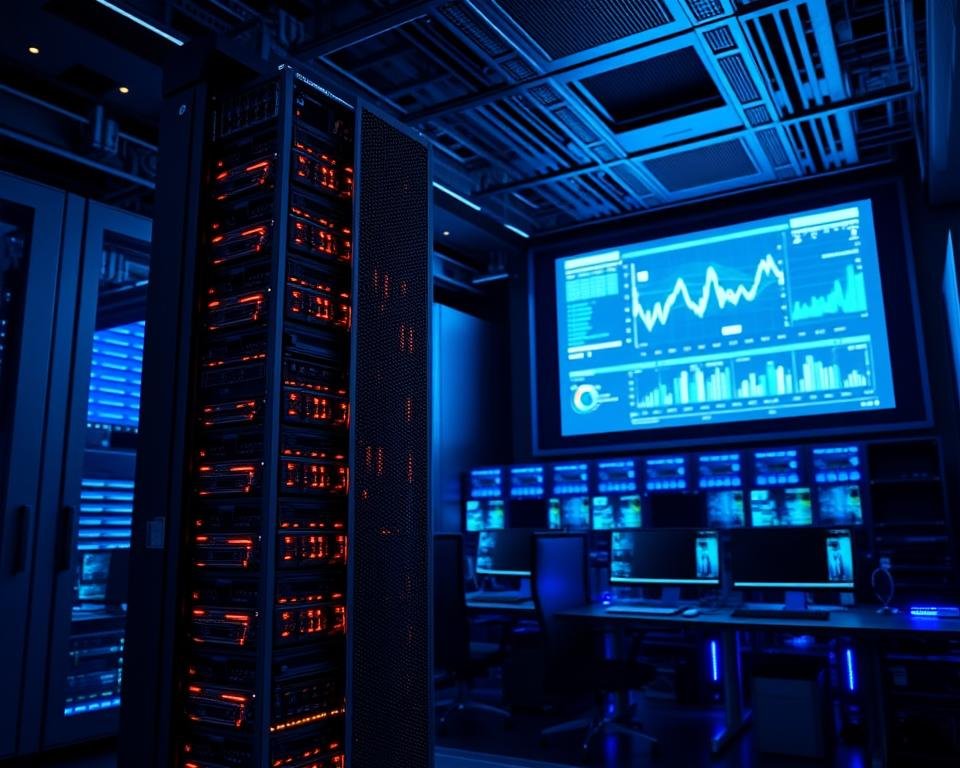 A sleek, high-tech data center interior with a focus on streaming infrastructure. A towering server rack stands in the foreground, its blinking lights and cooling fans symbolizing the technical streaming quality. The middle ground features rows of networking equipment and workstations, all bathed in a cool, blue-tinted lighting. In the background, a large display screens real-time data visualizations, showcasing the speed and responsiveness of the system. The overall atmosphere is one of efficiency, cutting-edge technology, and seamless digital performance.