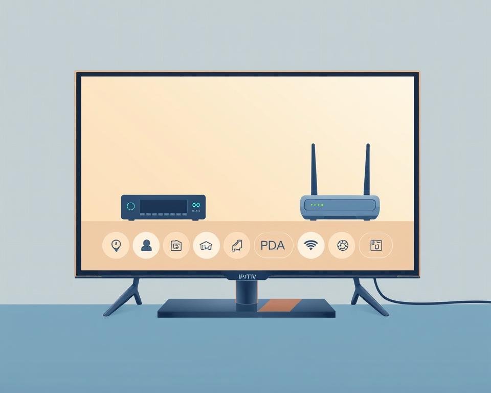 A sleek, minimalist illustration depicting the technical requirements for IPTV. In the foreground, a modern smart TV set displaying a clean user interface with crisp icons and graphics. In the middle ground, various networking devices such as a router, modem, and ethernet cables, artfully arranged to convey the necessary connectivity. The background features a subtle grid pattern, hinting at the digital infrastructure that powers IPTV. The overall mood is one of technological sophistication and seamless user experience, reflecting the subject of the article section. Soft, warm lighting illuminates the scene, creating a sense of approachability and accessibility.