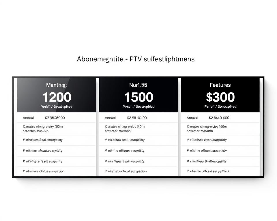 A sleek, minimalist infographic displaying a comprehensive comparison of IPTV subscription options and pricing. Centered on a clean white background, three distinct panels showcase the key details: Plan names, monthly/annual costs, and feature highlights. Subtle gradients and geometric shapes add visual interest, guiding the eye through the information. The overall aesthetic is polished and professional, reflecting the high-quality IPTV services covered in the article. Soft, directional lighting creates depth and dimensionality, while a shallow depth of field keeps the focus on the essential details. This visually engaging image will effectively illustrate the "Abonnementsopties en prijsstructuren" section of the article.