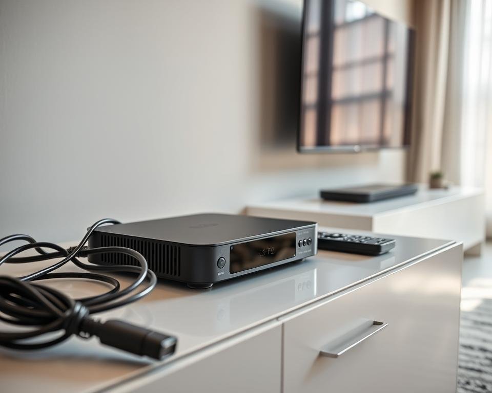 A sleek, modern IPTV setup with a minimalist design. The centerpiece is a high-tech streaming device, its clean lines and muted tones blending seamlessly into a well-organized media console. Surrounding it, a tidy bundle of cables and a remote control, all positioned just so. In the background, a wall-mounted flat-screen TV casts a soft, ambient glow, while natural light filters in through a nearby window, creating a warm and inviting atmosphere. The overall scene conveys a sense of effortless technological integration, reflecting the "simple installation and setup" ethos of the IPTV experience. A sleek, modern IPTV setup with a minimalist design. The centerpiece is a high-tech streaming device, its clean lines and muted tones blending seamlessly into a well-organized media console. Surrounding it, a tidy bundle of cables and a remote control, all positioned just so. In the background, a wall-mounted flat-screen TV casts a soft, ambient glow, while natural light filters in through a nearby window, creating a warm and inviting atmosphere. The overall scene conveys a sense of effortless technological integration, reflecting the "simple installation and setup" ethos of the IPTV experience.