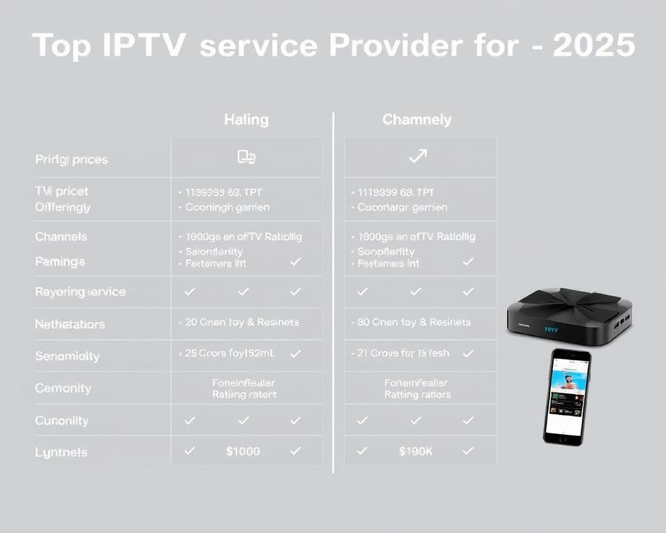 A sleek, modern comparison of the top IPTV service providers in the Netherlands for 2025. A clean, minimalist layout showcases key details side-by-side - plan pricing, channel offerings, device compatibility, and customer ratings. Crisp, high-resolution product shots of IPTV set-top boxes and mobile apps are featured prominently, photographed under bright, even studio lighting to highlight their design. The overall mood is professional and informative, guiding the viewer through an objective analysis to help them choose the best IPTV service for their needs.