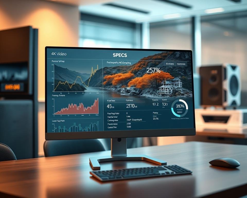 A sleek, modern computer desktop displaying a detailed 4K video streaming specs interface. The foreground features a clean, minimalist design with precise graphs, charts, and numerical values showcasing key 4K streaming parameters such as bitrate, resolution, frame rate, and color depth. The middle ground presents a high-resolution display panel showcasing a rich, vibrant 4K nature scene, highlighting the exceptional visual quality. The background subtly depicts a contemporary office setting with professional-grade computing equipment, conveying a sense of technological sophistication. Warm, balanced lighting and a subtle depth of field create a visually striking, informative, and professional atmosphere. A sleek, modern computer desktop displaying a detailed 4K video streaming specs interface. The foreground features a clean, minimalist design with precise graphs, charts, and numerical values showcasing key 4K streaming parameters such as bitrate, resolution, frame rate, and color depth. The middle ground presents a high-resolution display panel showcasing a rich, vibrant 4K nature scene, highlighting the exceptional visual quality. The background subtly depicts a contemporary office setting with professional-grade computing equipment, conveying a sense of technological sophistication. Warm, balanced lighting and a subtle depth of field create a visually striking, informative, and professional atmosphere.