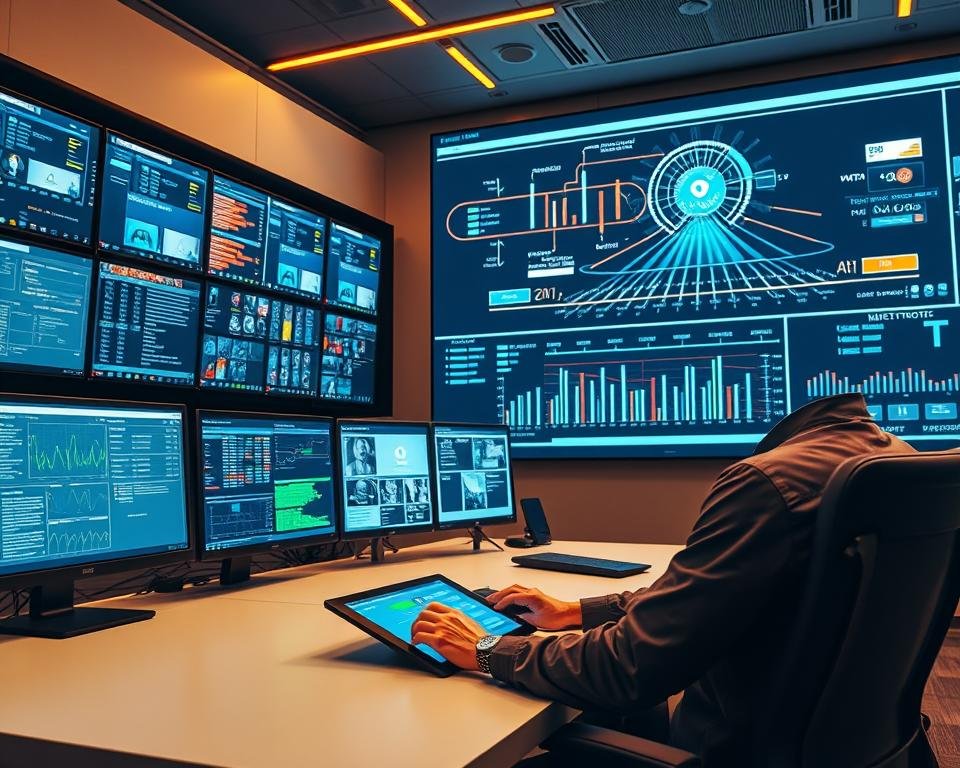 A sleek, modern control room with banks of monitors and screens displaying various technical metrics and data visualizations. The room is bathed in a warm, ambient light, creating a professional and focused atmosphere. In the foreground, a technician seated at a minimalist workstation, their hands deftly manipulating a touchscreen interface to monitor and adjust streaming parameters. In the background, a large, high-resolution display showcases a real-time visualization of the streaming infrastructure, highlighting key performance indicators and network stability. The overall scene conveys the essential technical requirements for delivering reliable, high-quality IPTV streaming to viewers.