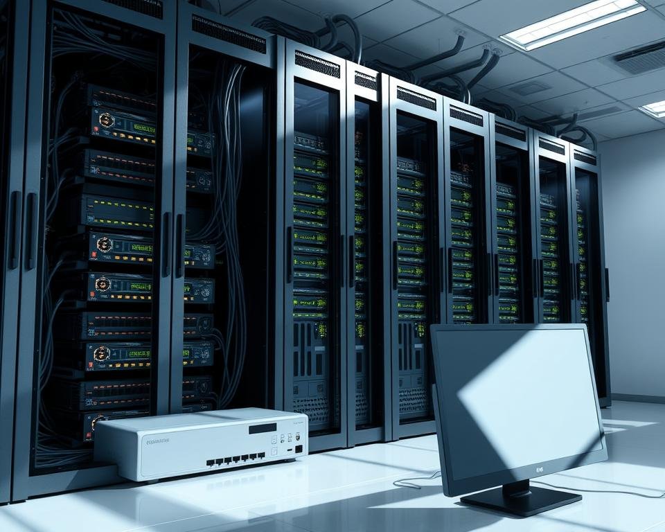 A sleek, modern data center server rack with multiple interconnected devices and glowing indicator lights. The server blades are arranged in a clean, organized layout, highlighting the intricate cabling and heat management systems. A desktop computer and network router are visible in the foreground, showcasing the seamless integration of hardware components. Soft, directional lighting creates dramatic shadows, emphasizing the technological sophistication. The overall scene conveys a sense of efficiency, optimization, and the precise engineering required for high-performance streaming services.