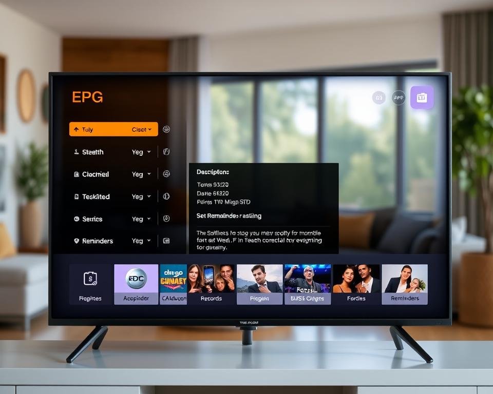 A sleek, modern electronic program guide (EPG) displayed on a high-definition television screen. The EPG interface shows a grid of TV channel listings with clear, legible text and intuitive icons. The middle ground features a detailed program description and options for setting recordings or reminders. The background showcases a blurred, cinematic view of a cozy living room, with natural lighting filtering through large windows. The overall mood is one of functionality, convenience, and a seamless integration of technology into the home environment.