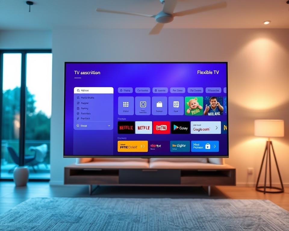 A sleek, modern flat-screen television floats effortlessly against a backdrop of a minimalist living room. The screen displays a flexible TV subscription interface, with customizable options and streamlined navigation. Warm ambient lighting casts a cozy glow, while large windows in the background offer a glimpse of a serene outdoor scene. The overall composition conveys a sense of effortless convenience and the freedom to choose a TV plan tailored to one's needs, without the constraints of a long-term contract. A sleek, modern flat-screen television floats effortlessly against a backdrop of a minimalist living room. The screen displays a flexible TV subscription interface, with customizable options and streamlined navigation. Warm ambient lighting casts a cozy glow, while large windows in the background offer a glimpse of a serene outdoor scene. The overall composition conveys a sense of effortless convenience and the freedom to choose a TV plan tailored to one's needs, without the constraints of a long-term contract.