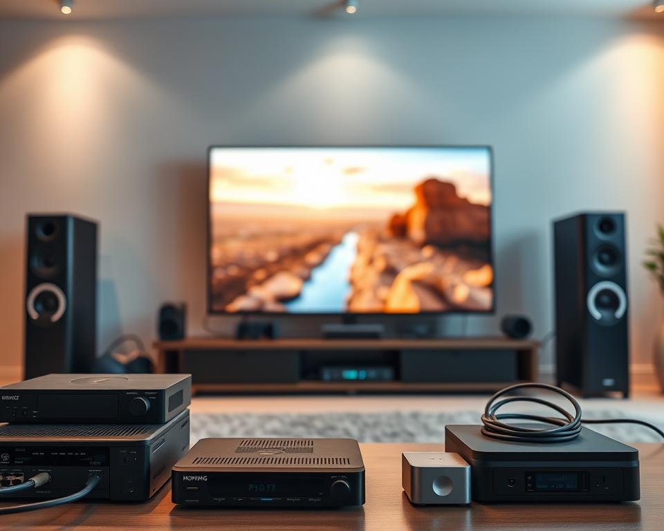 A sleek, modern home entertainment system set against a minimalist interior. In the foreground, various streaming devices and networking equipment are neatly arranged, showcasing the technical requirements for optimal IPTV performance. The middle ground features a large, high-definition TV screen displaying a vivid, seamless video feed, illustrating the visual quality of IPTV. The background is bathed in warm, diffused lighting, creating a cozy, inviting atmosphere. The overall scene conveys the idea of a technologically advanced, yet user-friendly IPTV setup that delivers an exceptional viewing experience. A sleek, modern home entertainment system set against a minimalist interior. In the foreground, various streaming devices and networking equipment are neatly arranged, showcasing the technical requirements for optimal IPTV performance. The middle ground features a large, high-definition TV screen displaying a vivid, seamless video feed, illustrating the visual quality of IPTV. The background is bathed in warm, diffused lighting, creating a cozy, inviting atmosphere. The overall scene conveys the idea of a technologically advanced, yet user-friendly IPTV setup that delivers an exceptional viewing experience.