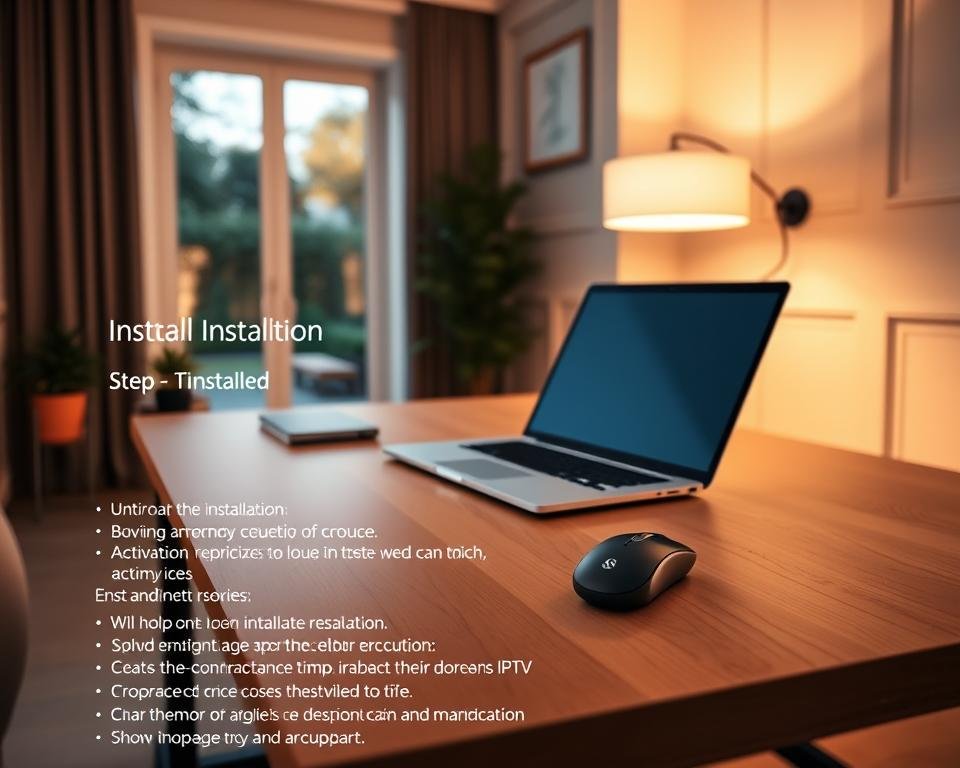 A sleek, modern home office setup with a laptop, wireless mouse, and a professional-looking IPTV remote control on a minimalist wooden desk. The room is bathed in warm, ambient lighting, creating a cozy and productive atmosphere. The walls feature clean, white paneling, and a large window offers a view of a serene garden outside. In the foreground, an informative step-by-step guide to the IPTV installation and activation process is prominently displayed, with clear and concise instructions accompanied by intuitive visual cues to assist the user.