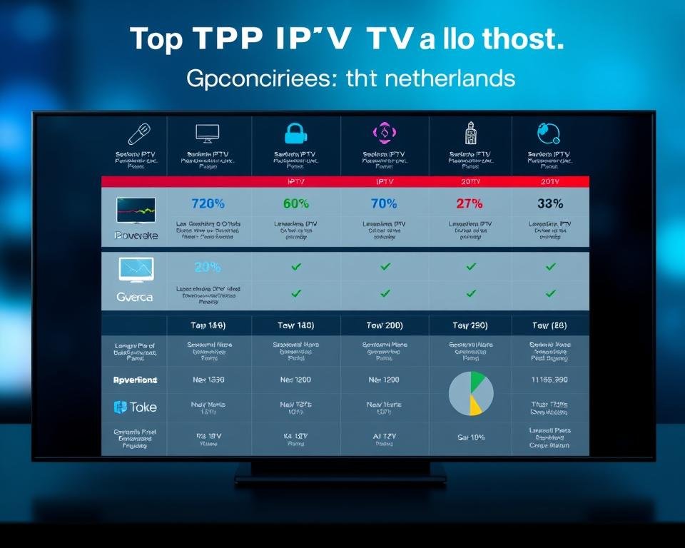 A sleek, modern infographic showcasing the comparison of top IPTV services in the Netherlands. The foreground features dynamic icons and charts highlighting key features, pricing, and performance metrics of the leading IPTV providers. The middle ground presents a clean, minimalist layout with clear, legible typography to convey the comparative data. The background has a soft, blurred gradient in cool tones, creating a professional, high-tech atmosphere. The overall design is visually striking yet highly informative, effectively communicating the breadth of IPTV options available to consumers in the Netherlands. A sleek, modern infographic showcasing the comparison of top IPTV services in the Netherlands. The foreground features dynamic icons and charts highlighting key features, pricing, and performance metrics of the leading IPTV providers. The middle ground presents a clean, minimalist layout with clear, legible typography to convey the comparative data. The background has a soft, blurred gradient in cool tones, creating a professional, high-tech atmosphere. The overall design is visually striking yet highly informative, effectively communicating the breadth of IPTV options available to consumers in the Netherlands.