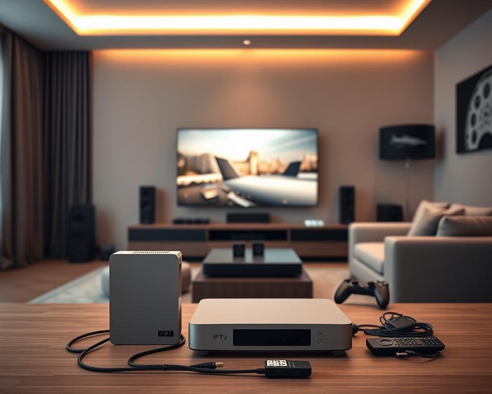 A sleek modern living room, dimly lit with soft warm lighting, showcases an array of compatible entertainment devices artfully arranged. In the foreground, a state-of-the-art IPTV set-top box stands prominently, its clean lines and minimalist design hinting at the advanced connectivity it enables. Surrounding it, a high-end smart TV, gaming console, and wireless speakers are seamlessly integrated, creating a harmonious and cohesive home entertainment setup. The middle ground features various cables, remotes, and connection hubs, neatly organized to maintain a clutter-free aesthetic. In the background, a modern entertainment unit houses additional components, all working in perfect synergy to deliver an immersive and technologically advanced viewing experience. A sleek modern living room, dimly lit with soft warm lighting, showcases an array of compatible entertainment devices artfully arranged. In the foreground, a state-of-the-art IPTV set-top box stands prominently, its clean lines and minimalist design hinting at the advanced connectivity it enables. Surrounding it, a high-end smart TV, gaming console, and wireless speakers are seamlessly integrated, creating a harmonious and cohesive home entertainment setup. The middle ground features various cables, remotes, and connection hubs, neatly organized to maintain a clutter-free aesthetic. In the background, a modern entertainment unit houses additional components, all working in perfect synergy to deliver an immersive and technologically advanced viewing experience.