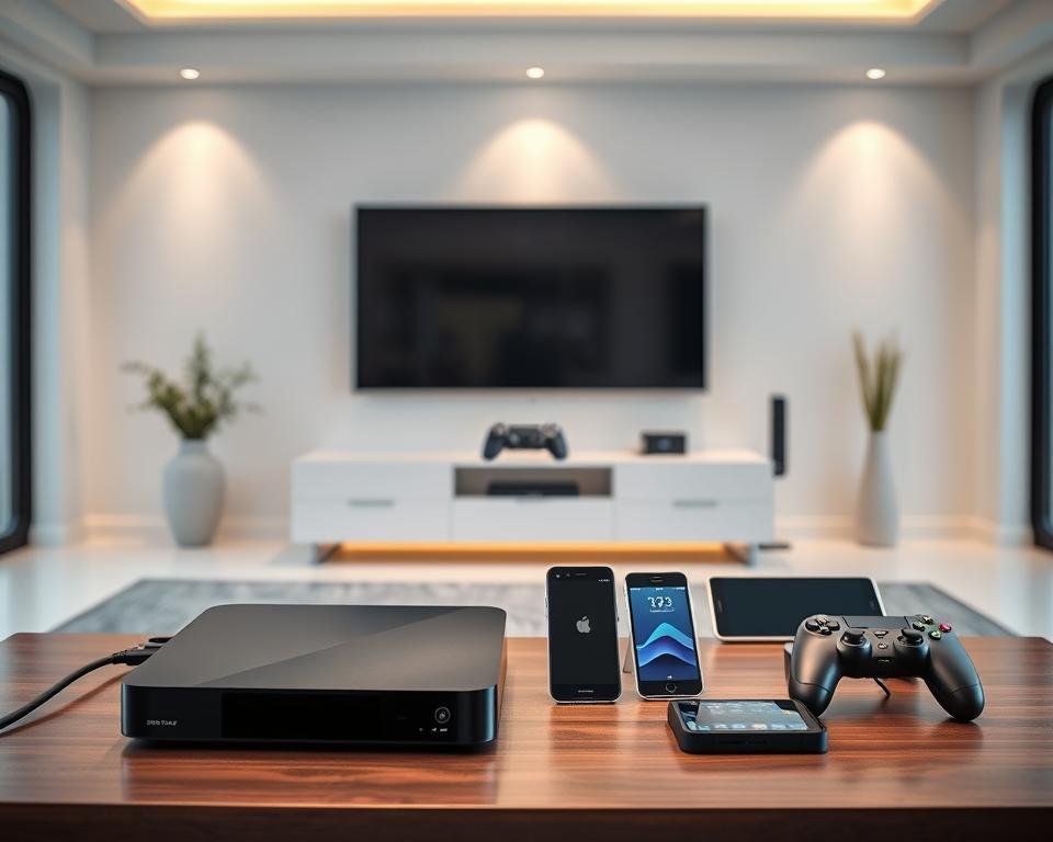 A sleek, modern living room setup with various IPTV-compatible devices prominently displayed. In the foreground, a high-end smart TV and a state-of-the-art streaming box sit atop a minimalist entertainment center. The middle ground features a selection of smartphones, tablets, and game consoles, all connected and ready to access IPTV content. The background showcases a clean, well-lit interior with subtle lighting accents, creating a harmonious and inviting atmosphere. The overall composition conveys a sense of seamless integration and the versatility of IPTV technology across multiple platforms.