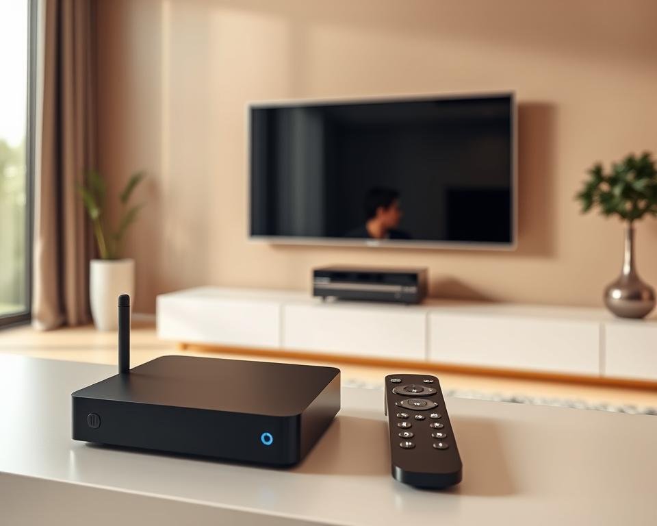 A sleek, modern living room with a flat-screen TV mounted on the wall. In the foreground, an array of IPTV devices including a streaming box, a smart TV, and a tablet, all seamlessly integrated and connected. The devices are arranged neatly on a minimalist entertainment unit, showcasing their compatibility and ease of use. Warm, indirect lighting creates a cozy, inviting atmosphere, while large windows in the background allow natural light to filter in, illuminating the scene. The overall composition conveys the versatility and accessibility of IPTV technology, making it an ideal solution for enjoying films and series at home. A sleek, modern living room with a flat-screen TV mounted on the wall. In the foreground, an array of IPTV devices including a streaming box, a smart TV, and a tablet, all seamlessly integrated and connected. The devices are arranged neatly on a minimalist entertainment unit, showcasing their compatibility and ease of use. Warm, indirect lighting creates a cozy, inviting atmosphere, while large windows in the background allow natural light to filter in, illuminating the scene. The overall composition conveys the versatility and accessibility of IPTV technology, making it an ideal solution for enjoying films and series at home.