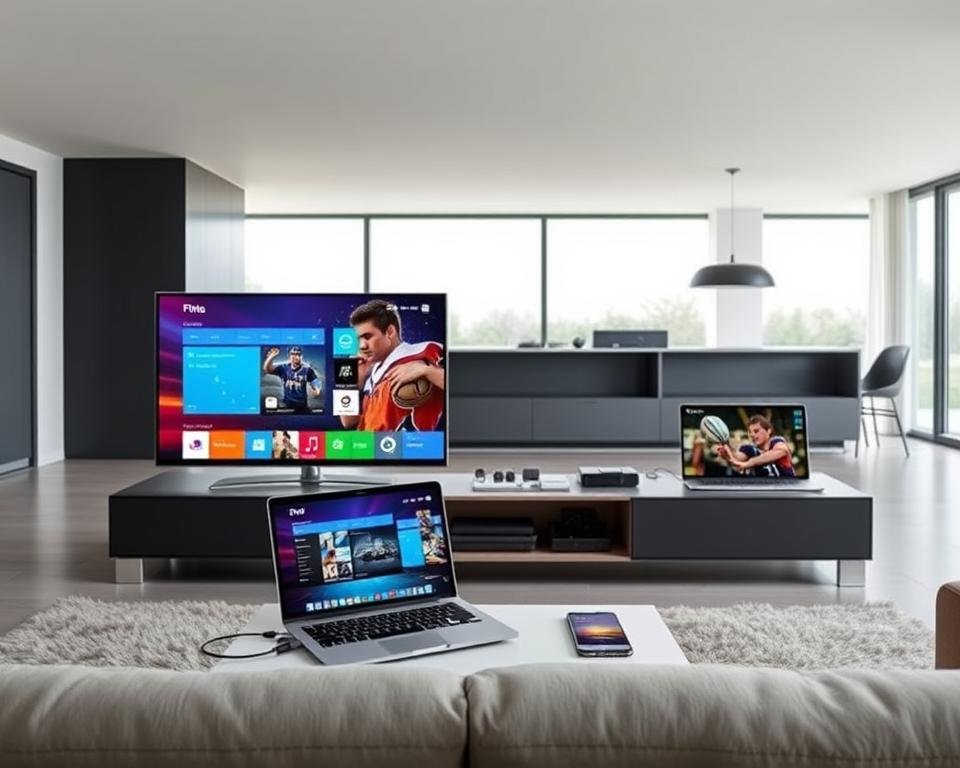 A sleek, modern living room with a variety of digital devices showcased prominently. In the foreground, a state-of-the-art smart TV takes center stage, its screen displaying a vibrant, high-definition interface. Surrounding it are a laptop, a tablet, and a smartphone, all seamlessly integrated and connected. The middle ground features a minimalist entertainment console, housing various media components and cables, highlighting the comprehensive connectivity options. The background depicts a clean, airy space with large windows, allowing natural light to flood the room and create a sense of openness and technological sophistication. The overall mood is one of streamlined efficiency and effortless compatibility, perfectly capturing the essence of "kijken op elk apparaat." A sleek, modern living room with a variety of digital devices showcased prominently. In the foreground, a state-of-the-art smart TV takes center stage, its screen displaying a vibrant, high-definition interface. Surrounding it are a laptop, a tablet, and a smartphone, all seamlessly integrated and connected. The middle ground features a minimalist entertainment console, housing various media components and cables, highlighting the comprehensive connectivity options. The background depicts a clean, airy space with large windows, allowing natural light to flood the room and create a sense of openness and technological sophistication. The overall mood is one of streamlined efficiency and effortless compatibility, perfectly capturing the essence of "kijken op elk apparaat."