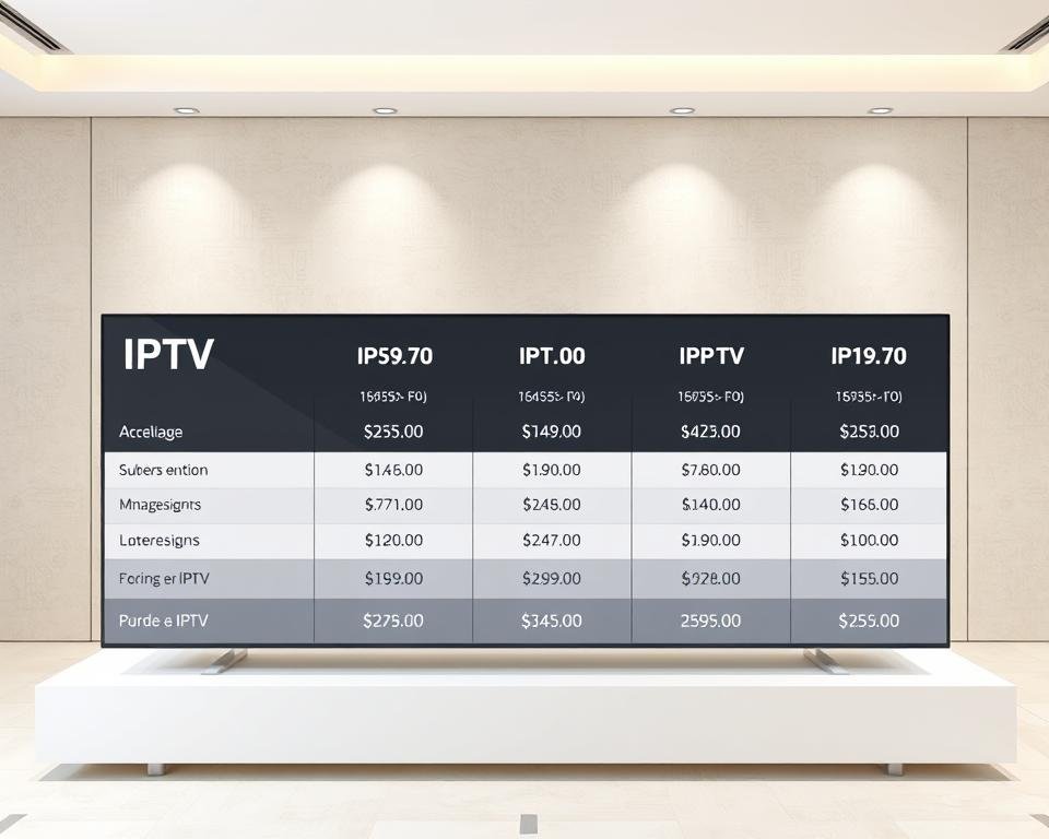 A sleek, modern-looking table displaying a range of IPTV subscription packages and their corresponding prices, showcased against a minimalist background featuring clean lines and a neutral color palette. The table is presented in a clean, organized manner, with the pricing details clearly visible and easy to read. The overall aesthetic is professional and visually appealing, reflecting the high-quality IPTV services being offered. The lighting is soft and diffused, creating a pleasant and inviting atmosphere.