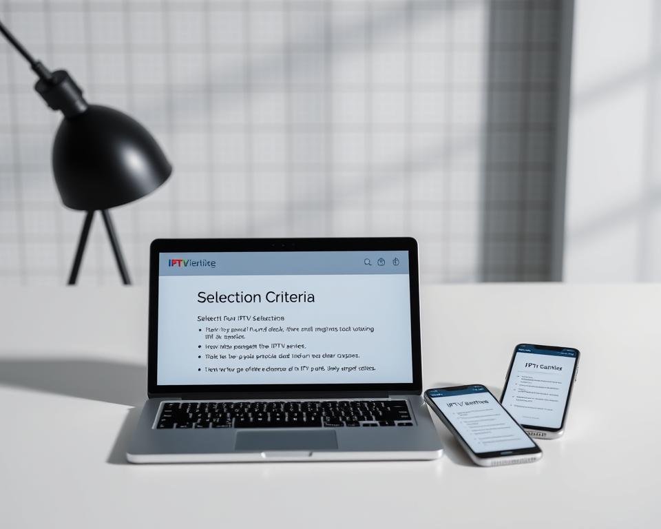 A sleek, modern office setup with a laptop, tablet, and smartphone showcasing the selection criteria for an IPTV service. The devices are arranged on a clean, minimalist desk with a subtle grid pattern backdrop, creating a sense of organization and professionalism. Soft, directional lighting casts gentle shadows, highlighting the devices and their screens, which display relevant information about IPTV service selection. The overall mood is one of efficiency, clarity, and a focus on the decision-making process for choosing the right IPTV provider. A sleek, modern office setup with a laptop, tablet, and smartphone showcasing the selection criteria for an IPTV service. The devices are arranged on a clean, minimalist desk with a subtle grid pattern backdrop, creating a sense of organization and professionalism. Soft, directional lighting casts gentle shadows, highlighting the devices and their screens, which display relevant information about IPTV service selection. The overall mood is one of efficiency, clarity, and a focus on the decision-making process for choosing the right IPTV provider.