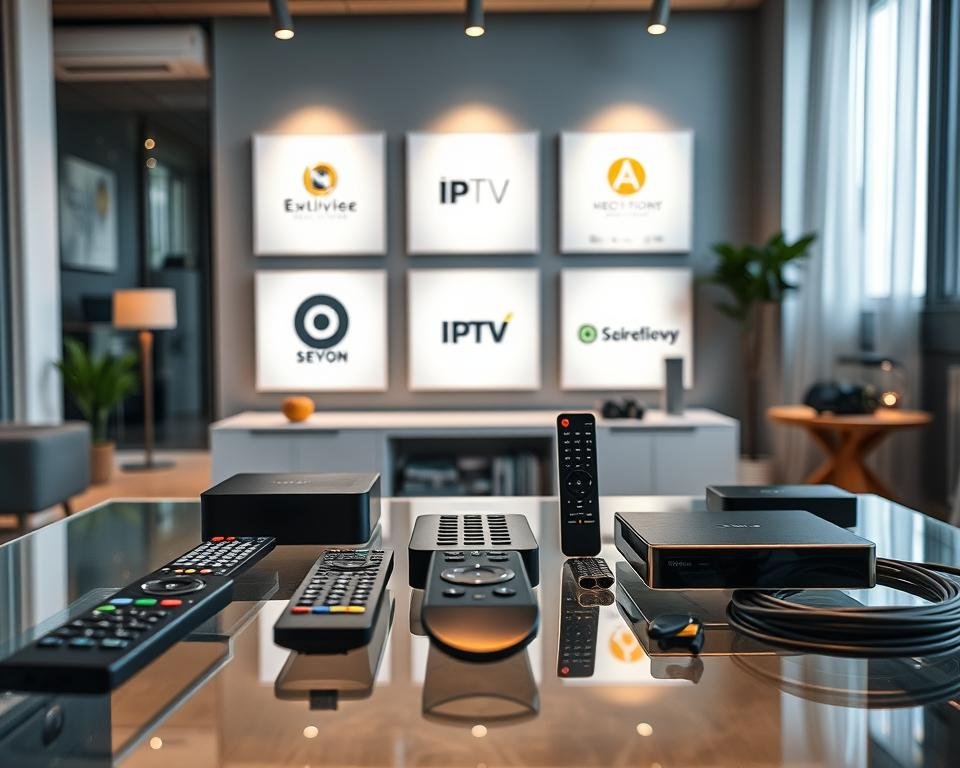 A sleek, modern setup showcasing several reliable IPTV service providers in the Netherlands. A glass table in the foreground displays various remote controls, streaming devices, and high-quality cable connections, all arranged neatly. In the middle ground, several IPTV service logos are prominently displayed on minimalist, backlit panels, conveying a sense of professionalism and trustworthiness. The background features a clean, well-lit office setting with tasteful decor, suggesting a reliable and reputable environment for IPTV services. The lighting is soft and diffused, creating a warm, inviting atmosphere. The overall composition emphasizes the quality, dependability, and accessibility of the featured IPTV providers. A sleek, modern setup showcasing several reliable IPTV service providers in the Netherlands. A glass table in the foreground displays various remote controls, streaming devices, and high-quality cable connections, all arranged neatly. In the middle ground, several IPTV service logos are prominently displayed on minimalist, backlit panels, conveying a sense of professionalism and trustworthiness. The background features a clean, well-lit office setting with tasteful decor, suggesting a reliable and reputable environment for IPTV services. The lighting is soft and diffused, creating a warm, inviting atmosphere. The overall composition emphasizes the quality, dependability, and accessibility of the featured IPTV providers.