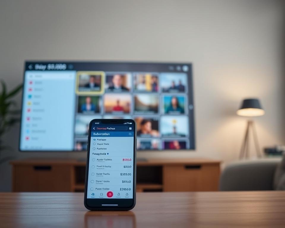 A sleek, modern streaming interface showcasing flexible subscription options. In the foreground, a mobile device displays a clean, intuitive menu with various package tiers and pricing. Subtle lighting highlights the device's crisp display. The middle ground features a desktop computer monitor mirroring the mobile interface, allowing a seamless cross-device experience. In the background, a minimalist room setting with neutral colors and simple furnishings sets a calming, professional tone. The overall composition conveys a sense of accessibility, customization, and technological sophistication for an online streaming service.