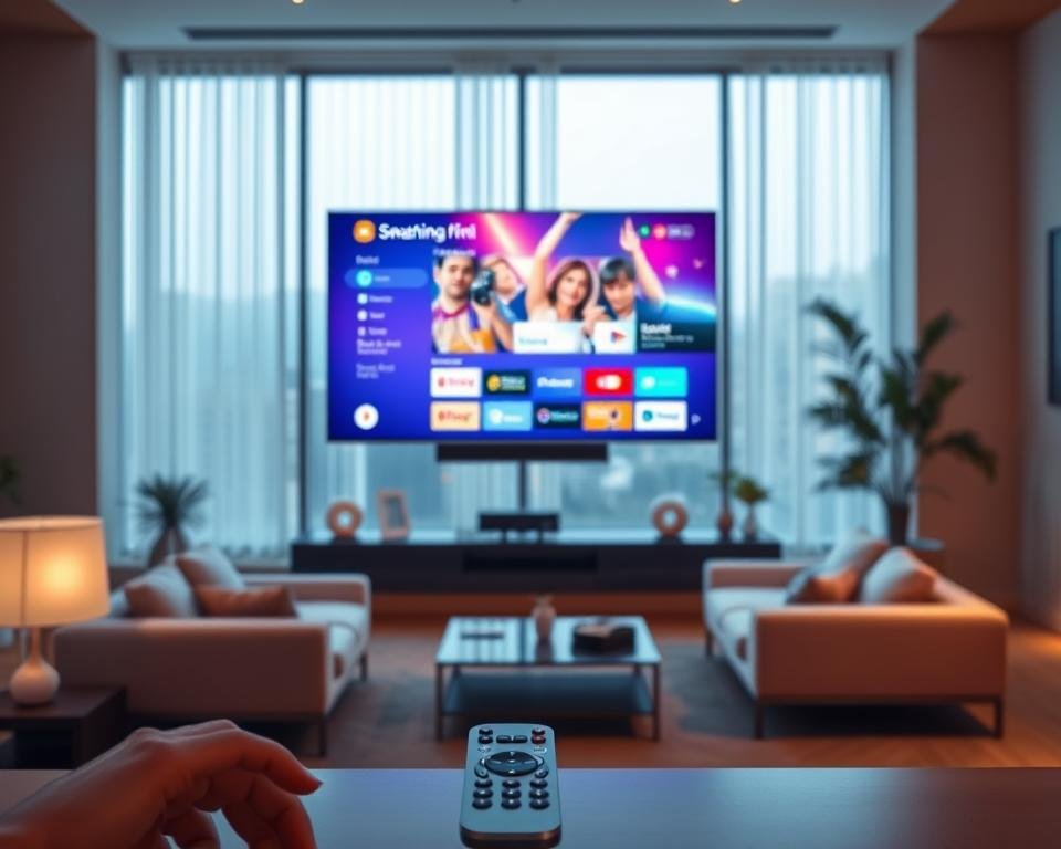 A sleek, modern television set levitating above a minimalist living room, its screen displaying a vibrant, high-definition streaming interface. The room is bathed in soft, warm lighting, creating a cozy and inviting atmosphere. In the foreground, a wireless remote control and various smart home devices subtly suggest the seamless integration of traditional television and the latest internet technologies. The mid-ground features a modern, minimalist sofa and coffee table, hinting at the comfortable and immersive viewing experience. The background showcases a large window, allowing natural light to filter in and providing a glimpse of the outside world, symbolizing the boundless possibilities of modern internet-powered television. A sleek, modern television set levitating above a minimalist living room, its screen displaying a vibrant, high-definition streaming interface. The room is bathed in soft, warm lighting, creating a cozy and inviting atmosphere. In the foreground, a wireless remote control and various smart home devices subtly suggest the seamless integration of traditional television and the latest internet technologies. The mid-ground features a modern, minimalist sofa and coffee table, hinting at the comfortable and immersive viewing experience. The background showcases a large window, allowing natural light to filter in and providing a glimpse of the outside world, symbolizing the boundless possibilities of modern internet-powered television.