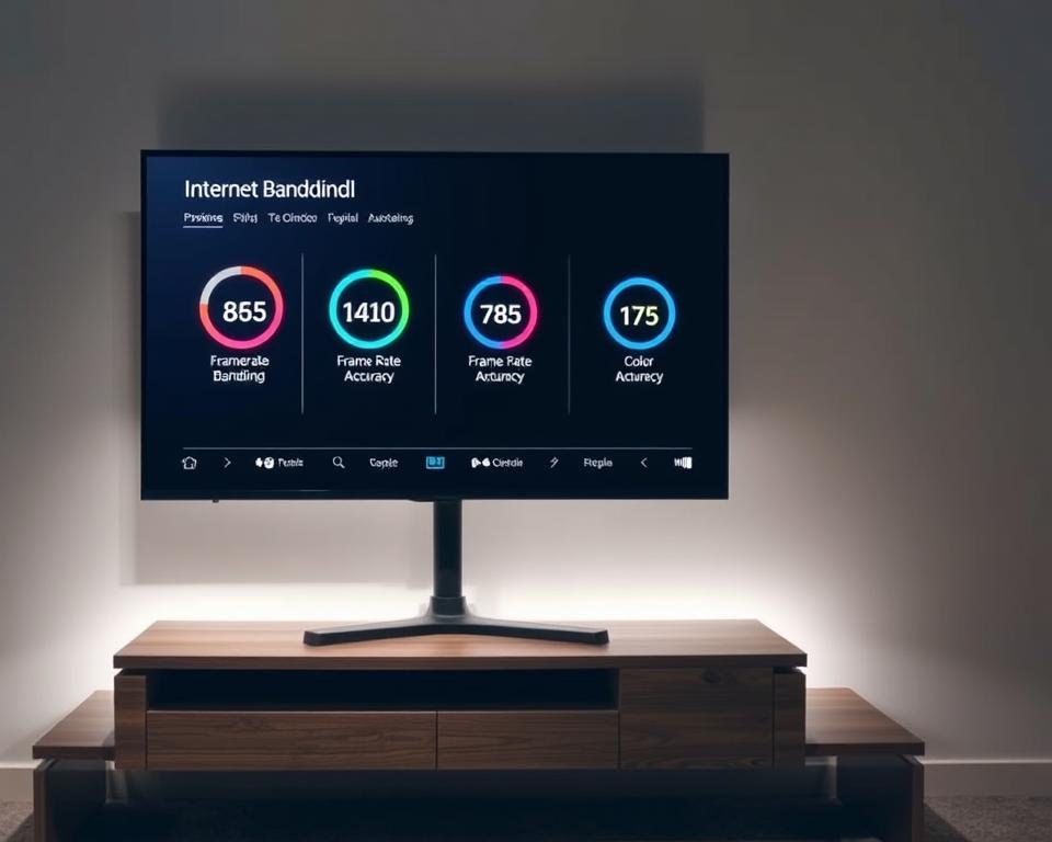 A sleek, modern television set rests on a minimalist wooden entertainment unit, its screen illuminated by a soft, diffused light. The screen displays a dynamic visualization of various technical performance metrics, including internet bandwidth, frame rate, and color accuracy. The overall atmosphere is one of technological sophistication and attention to detail, reflecting the high-quality IPTV experience described in the article. The camera angle showcases the television from a slightly elevated perspective, capturing the clean lines and elegant design of the device. The background features a neutral, muted color palette that allows the screen's content to be the central focus.