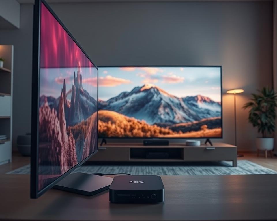 A sophisticated and immersive 4K streaming IPTV experience. In the foreground, a sleek and modern television displays vivid, high-resolution visuals, showcasing the exceptional image quality. The middle ground features a minimalist entertainment setup, with a streaming device and premium cable connections, hinting at the advanced technological capabilities. In the background, a serene and modern living space sets the tone, with warm lighting and clean, Nordic-inspired design elements. The overall atmosphere conveys a sense of premium quality, reliability, and the cutting-edge technology that elevates the home entertainment experience.