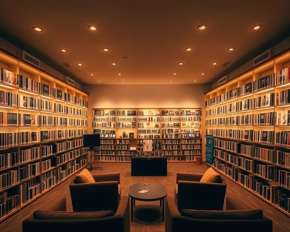 A spacious and inviting content library, bathed in warm, soft lighting. Rows of neatly organized shelves filled with a diverse array of media, from classic films to the latest TV series. The shelves themselves have a modern, minimalist design, allowing the content to take center stage. In the foreground, a comfortable seating area with plush chairs and a cozy atmosphere, inviting viewers to settle in and explore the extensive collection. The middle ground features a central display showcasing the most popular or featured titles, drawing the eye and piquing the viewer's curiosity. The background is a clean, neutral space, allowing the library's contents to shine. An atmosphere of discovery and immersion, perfect for the best viewing experience.