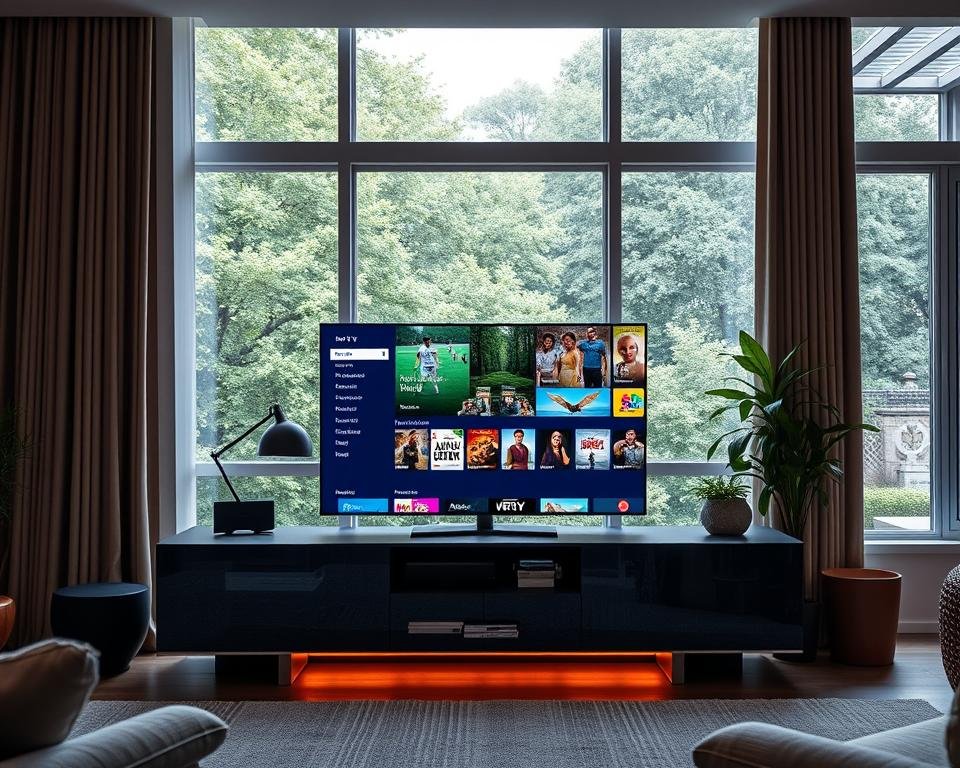 A spacious home entertainment center with a sleek, modern TV stand showcasing a diverse collection of IPTV channels and on-demand content. The screen displays a vibrant, high-definition menu, guiding the viewer through a vast library of movies, TV shows, live sports, and more. Soft, ambient lighting creates a cozy atmosphere, while large windows in the background offer a glimpse of a lush, verdant outdoor scene. The overall composition conveys a sense of comfort, convenience, and an abundance of viewing options, perfectly reflecting the "Kanaalaanbod en Content Bibliotheek" section of the article.