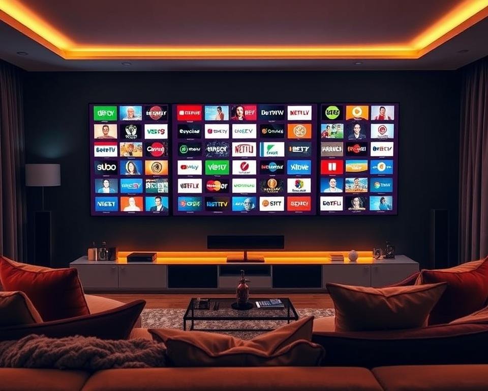 A spacious living room with a large television screen displaying a vast array of IPTV channels, showcasing a diverse and comprehensive channel selection. The room is illuminated by warm, ambient lighting, creating a cozy and inviting atmosphere. The television is positioned on a sleek, modern entertainment unit, surrounded by plush, comfortable seating arrangements. The overall scene conveys a sense of convenience and entertainment, perfectly capturing the essence of the "Waarom kiezen voor IPTV Nederland?" section.
