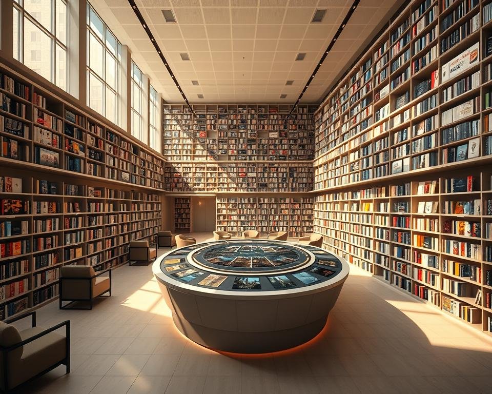 A spacious, well-lit library interior with floor-to-ceiling shelves filled with digital media. Sunlight streams through large windows, casting a warm glow over the sleek, modern furniture and minimalist decor. In the center, a curved counter with touchscreen displays showcases a vast video-on-demand collection, inviting users to browse and stream their favorite movies and shows. The atmosphere is serene and conducive to exploration, with subtle ambient lighting and a sense of technological sophistication. Camera angle is wide, capturing the depth and scale of the space, emphasizing the breadth of the video library. A spacious, well-lit library interior with floor-to-ceiling shelves filled with digital media. Sunlight streams through large windows, casting a warm glow over the sleek, modern furniture and minimalist decor. In the center, a curved counter with touchscreen displays showcases a vast video-on-demand collection, inviting users to browse and stream their favorite movies and shows. The atmosphere is serene and conducive to exploration, with subtle ambient lighting and a sense of technological sophistication. Camera angle is wide, capturing the depth and scale of the space, emphasizing the breadth of the video library.