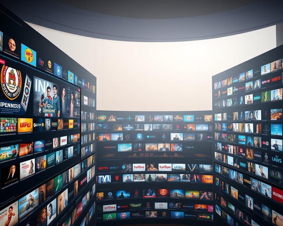 A sprawling content library for premium IPTV, showcasing a vast collection of high-quality entertainment options. The foreground features a sleek, modern interface with neatly organized categories and thumbnails, inviting the viewer to explore the diverse range of live TV channels, on-demand movies, and TV shows. The middle ground showcases the depth of the library, with layers of content spanning various genres and languages, hinting at the comprehensive nature of the service. The background depicts a subtle, gradient-based environment, evoking a sense of technological sophistication and seamless integration. Soft, diffused lighting illuminates the scene, creating a welcoming and visually appealing presentation that captures the essence of a premium IPTV experience.